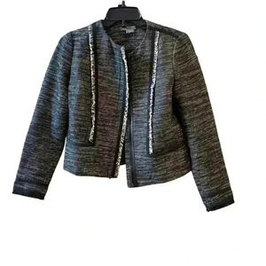 Vince Black Off White Zip Up Tweed Jacket/Blazer with leather trim Size 2.